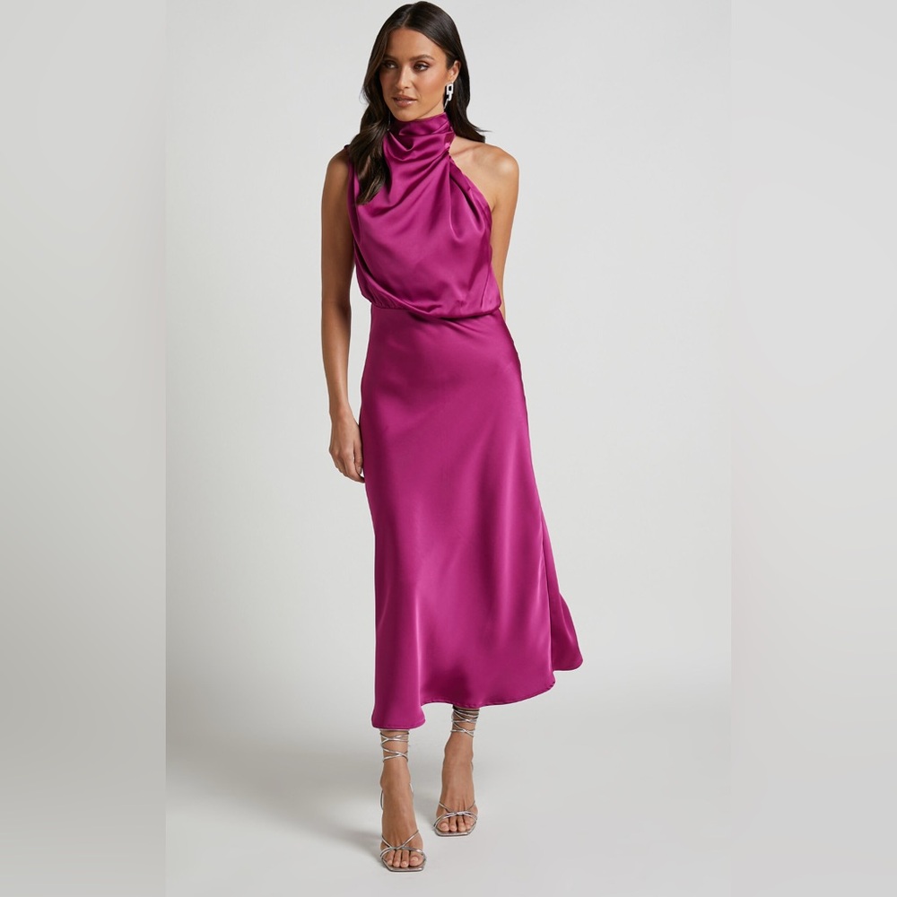 Showpo Minnie Midi Dress drape neck satin slip in grape